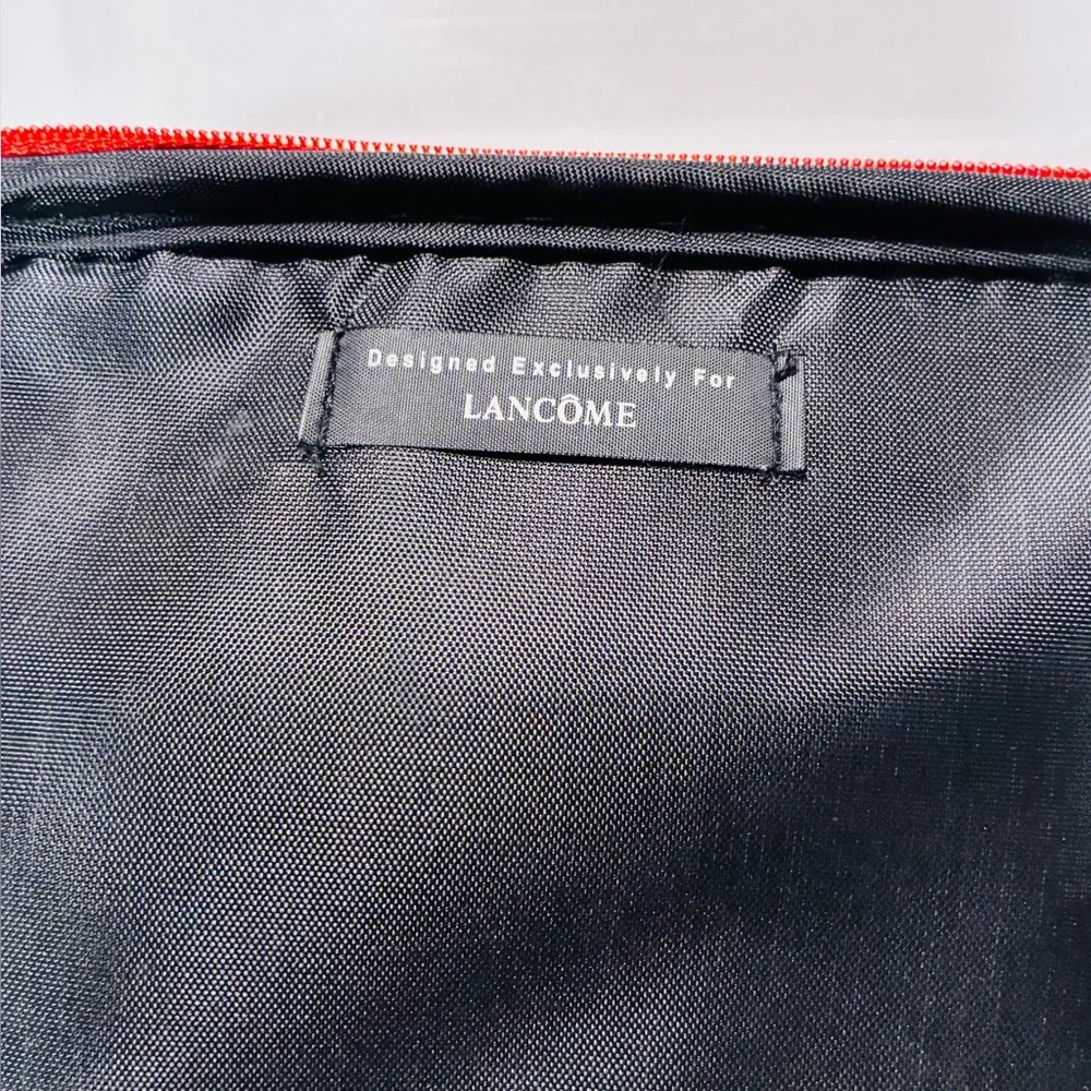 Y2K Lancôme Red Geometric Pattern Cosmetic Bag Black Patent Trim 6x7x4.5 Vintage